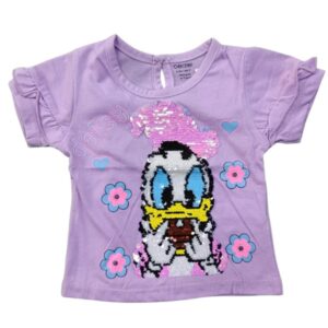 Girls Daisy Sequin Cartoon Printed Purple Cotton T-Shirt